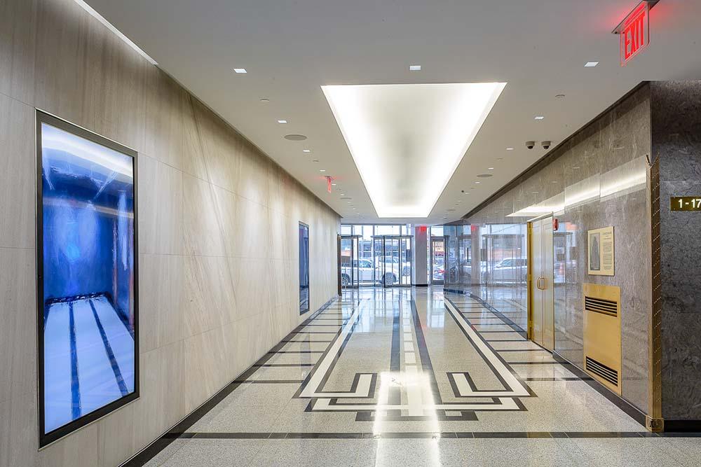 An empty building lobby.